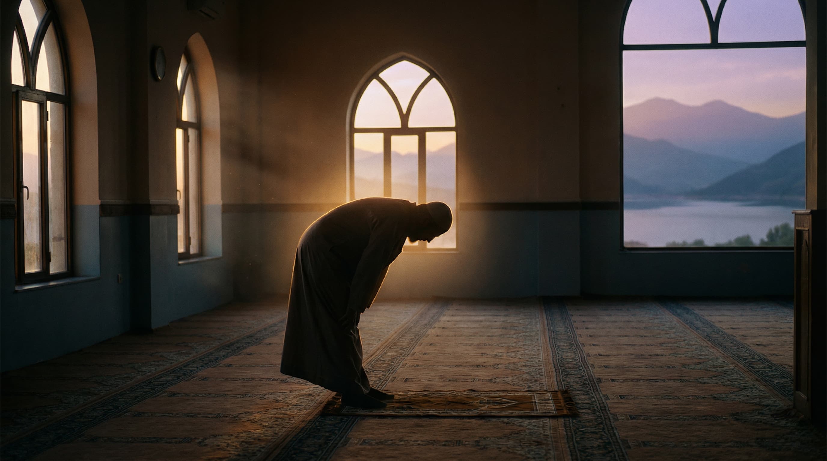Contemplative silhouette in prayer position with beautiful Islamic architecture