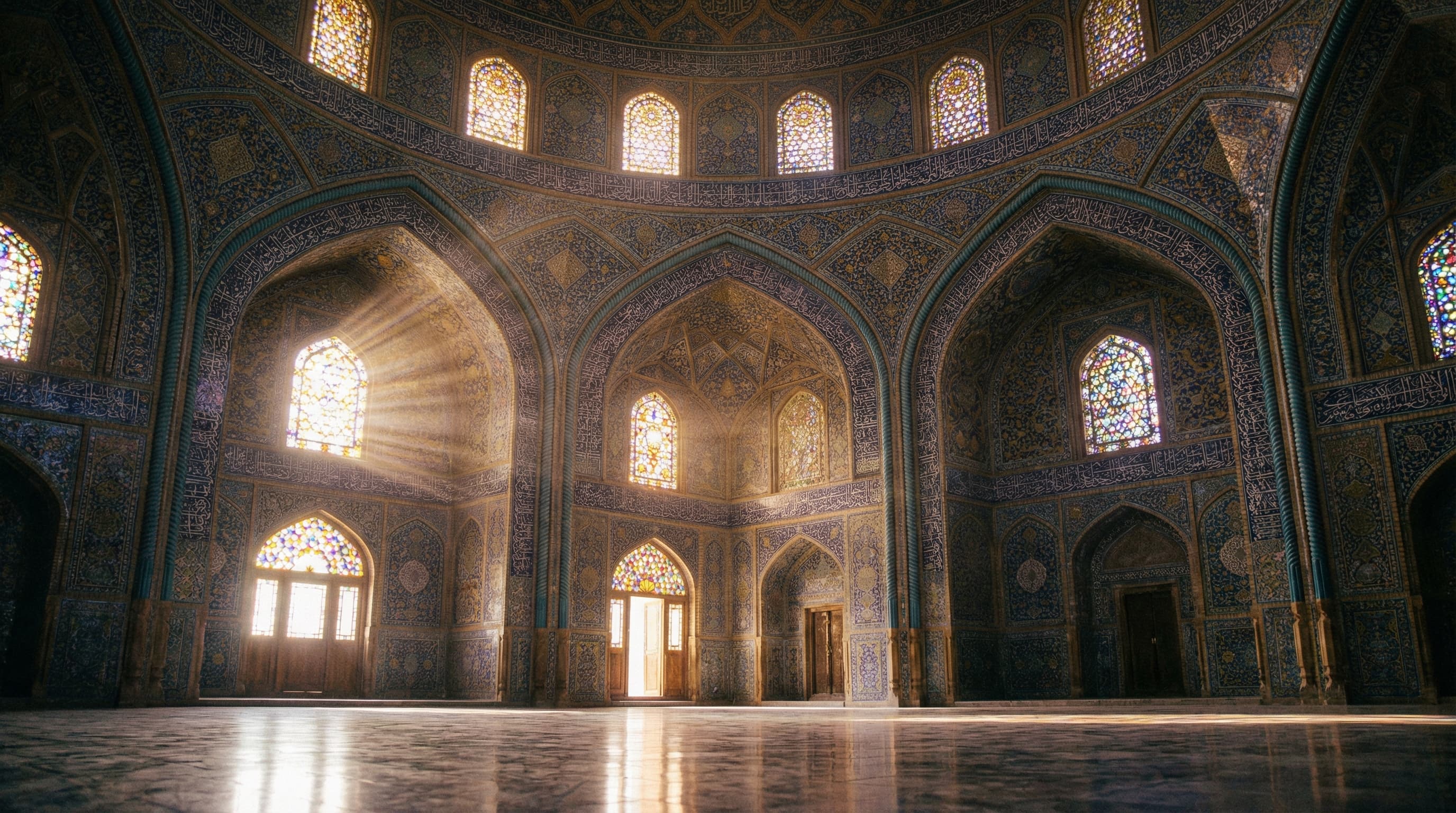 Magnificent mosque interior with divine light streaming through ornate Islamic architecture
